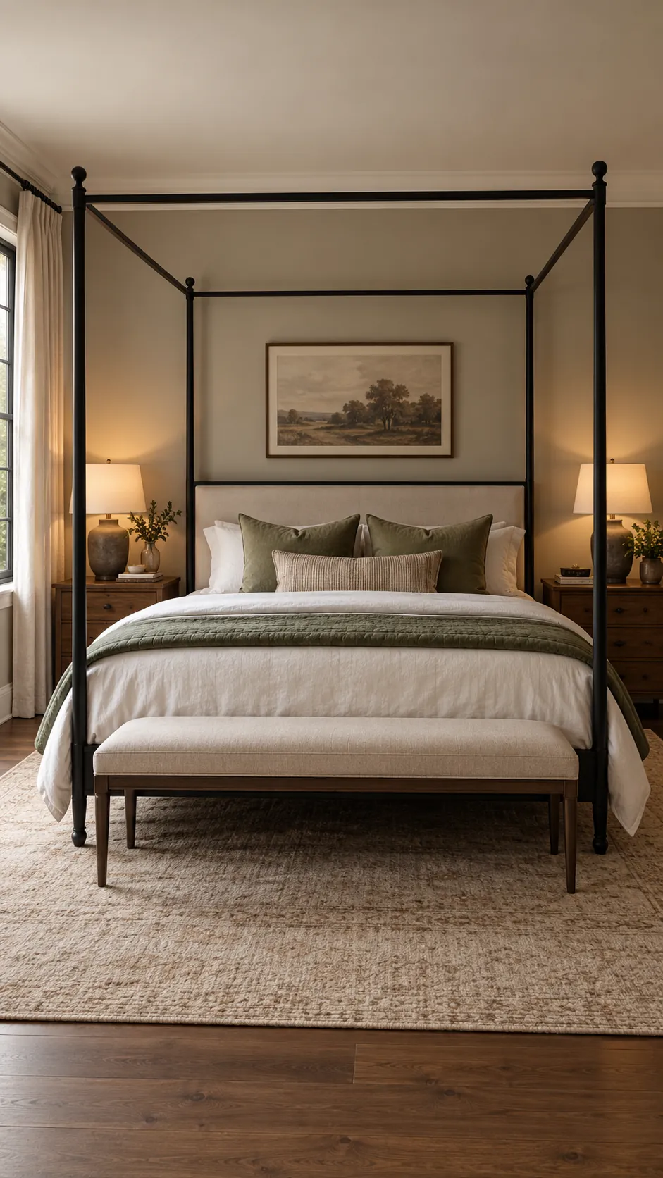 Black canopy bed with a narrow oatmeal foot bench