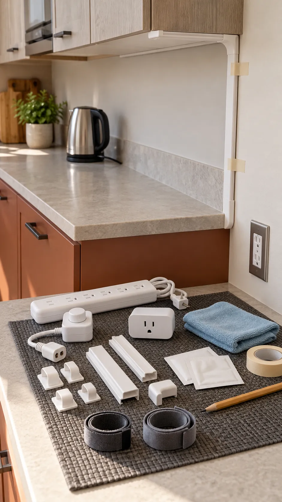 Plug in lighting control cord clips and cable cover for a budget kitchen