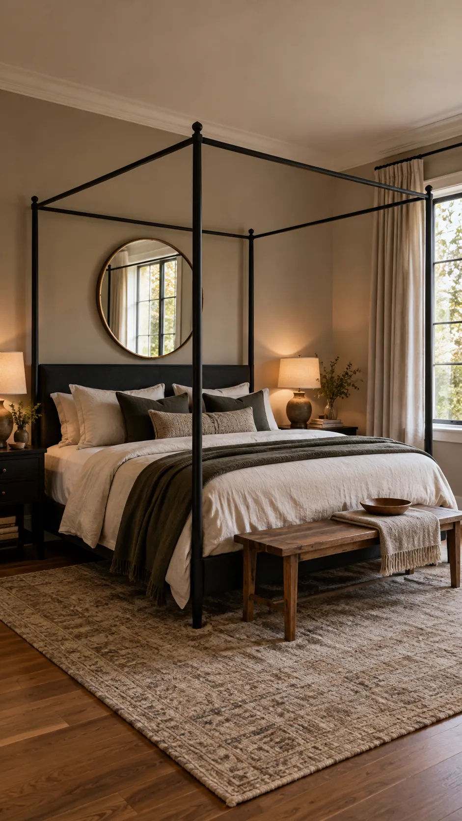 Black canopy bedroom with a round bronze mirror