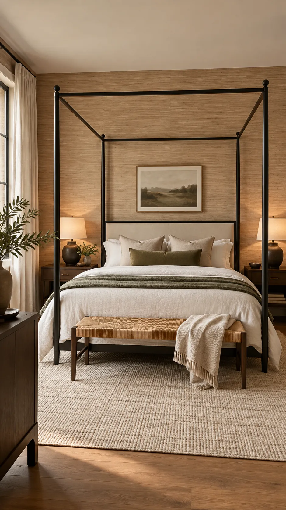 Black canopy bed against a natural grasscloth wall
