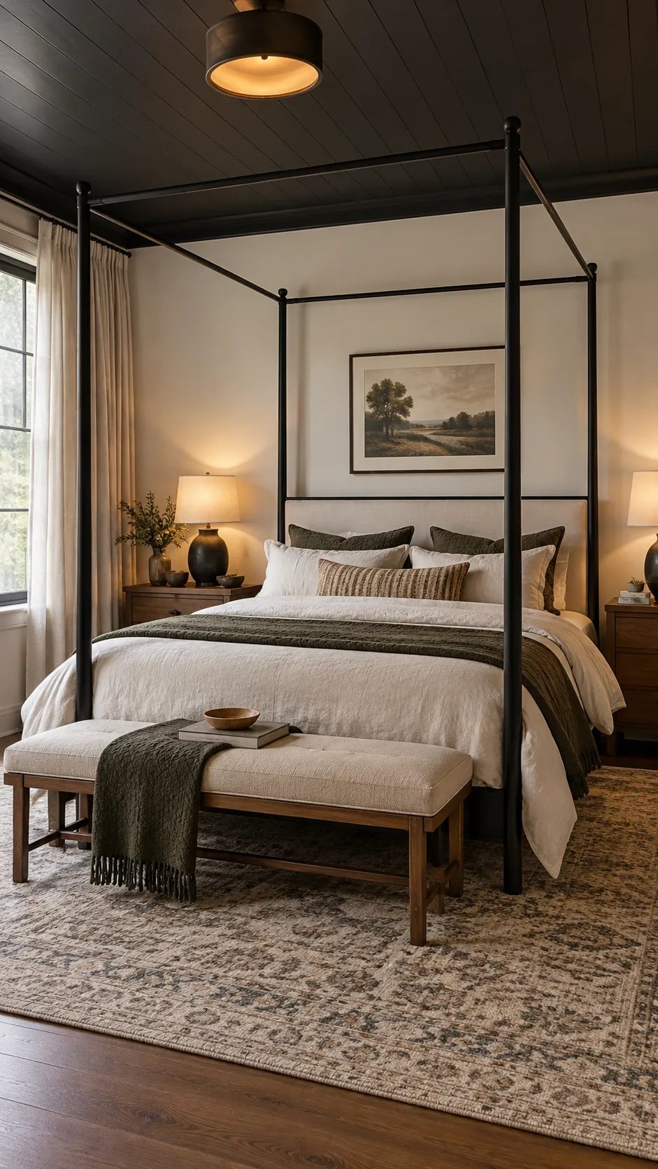 Black canopy bed beneath a dark ceiling and pale walls
