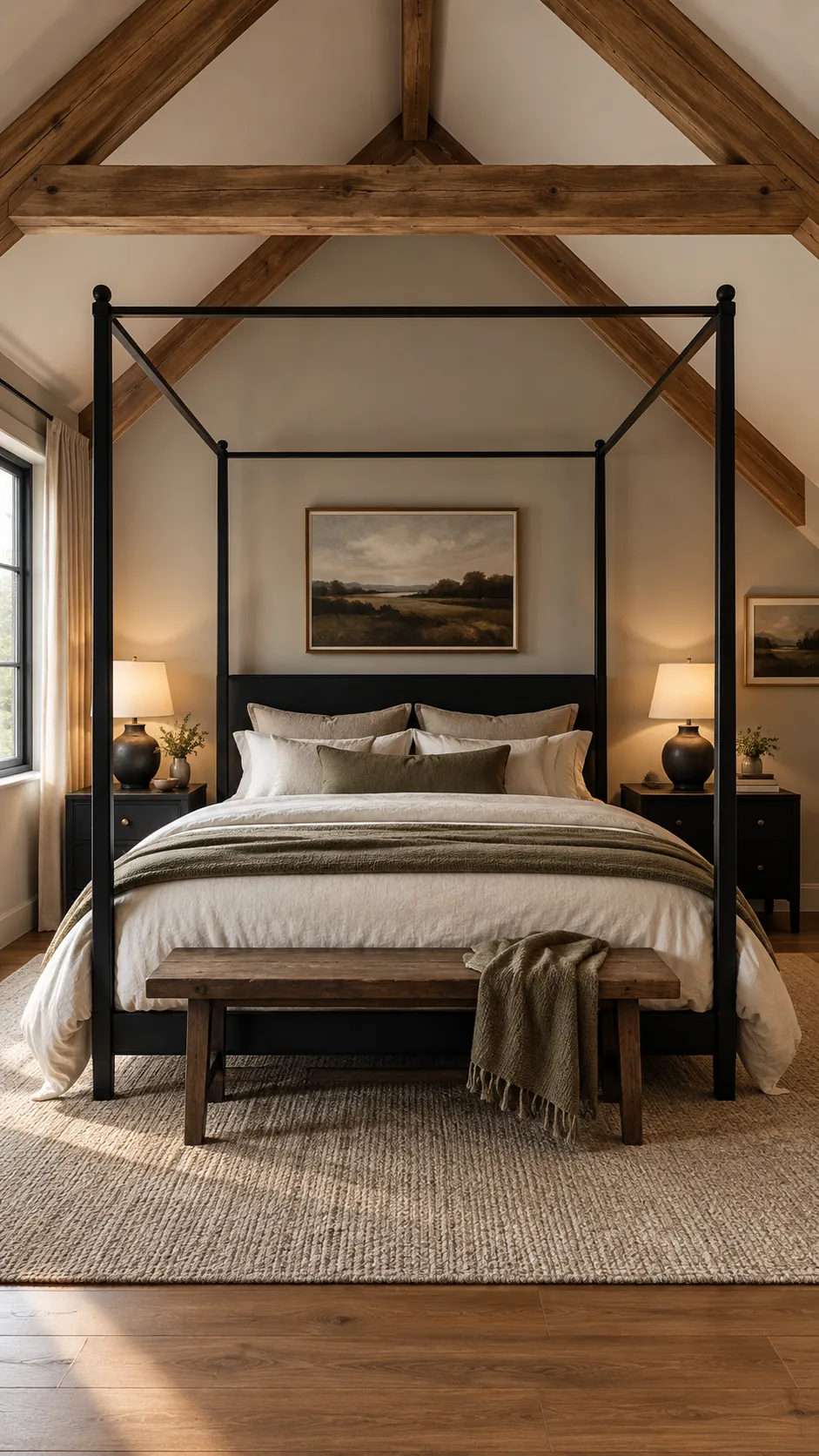 Black canopy bed aligned beneath an attic roof ridge