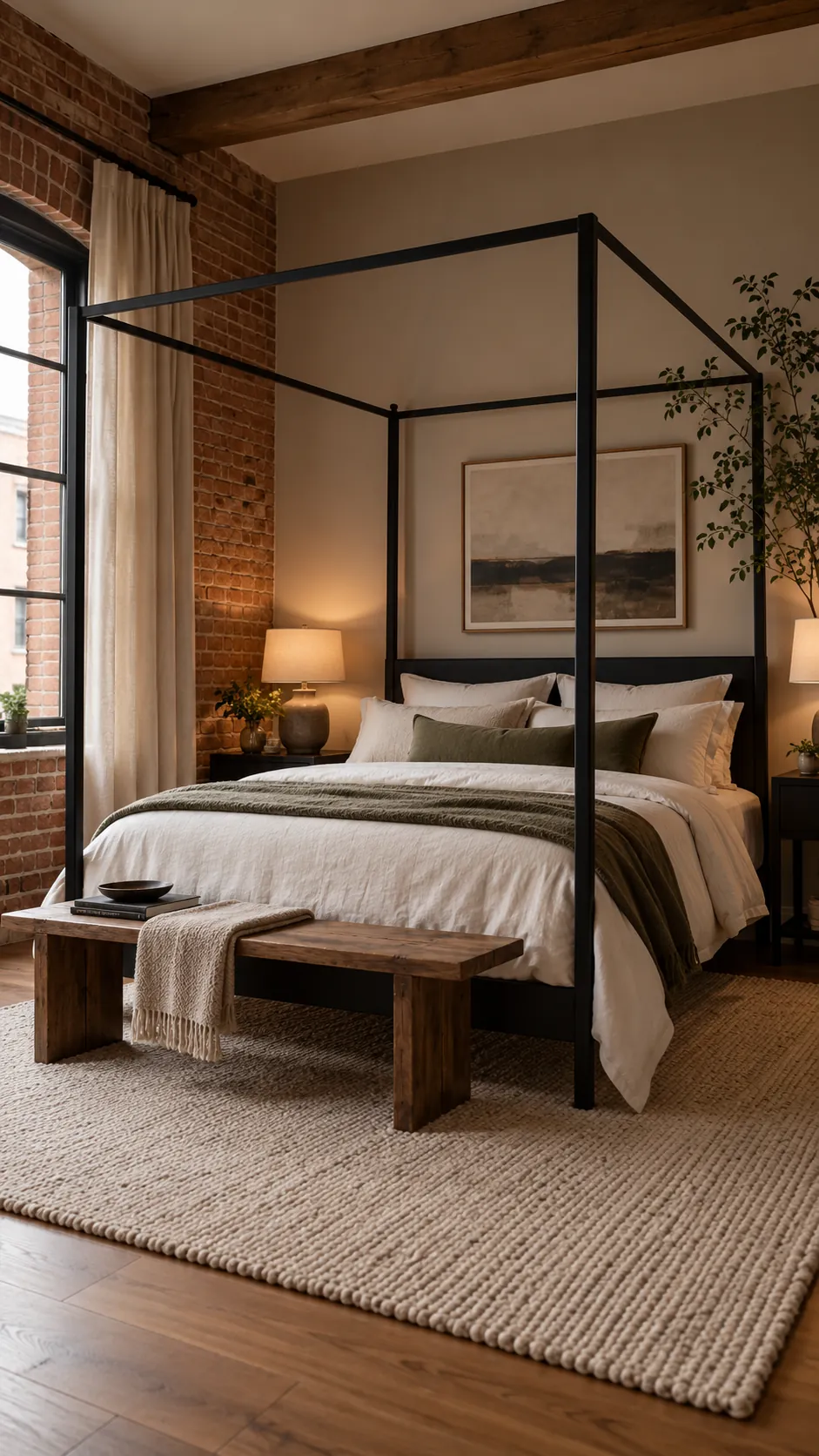 Black steel canopy bed against an old brick wall