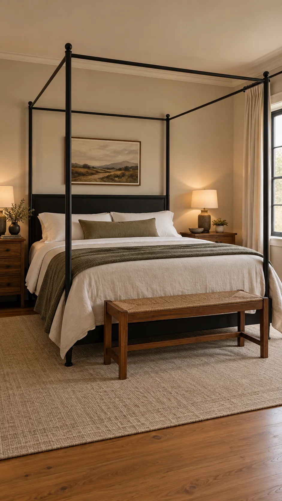 Black canopy bed with crisp white hotel style bedding