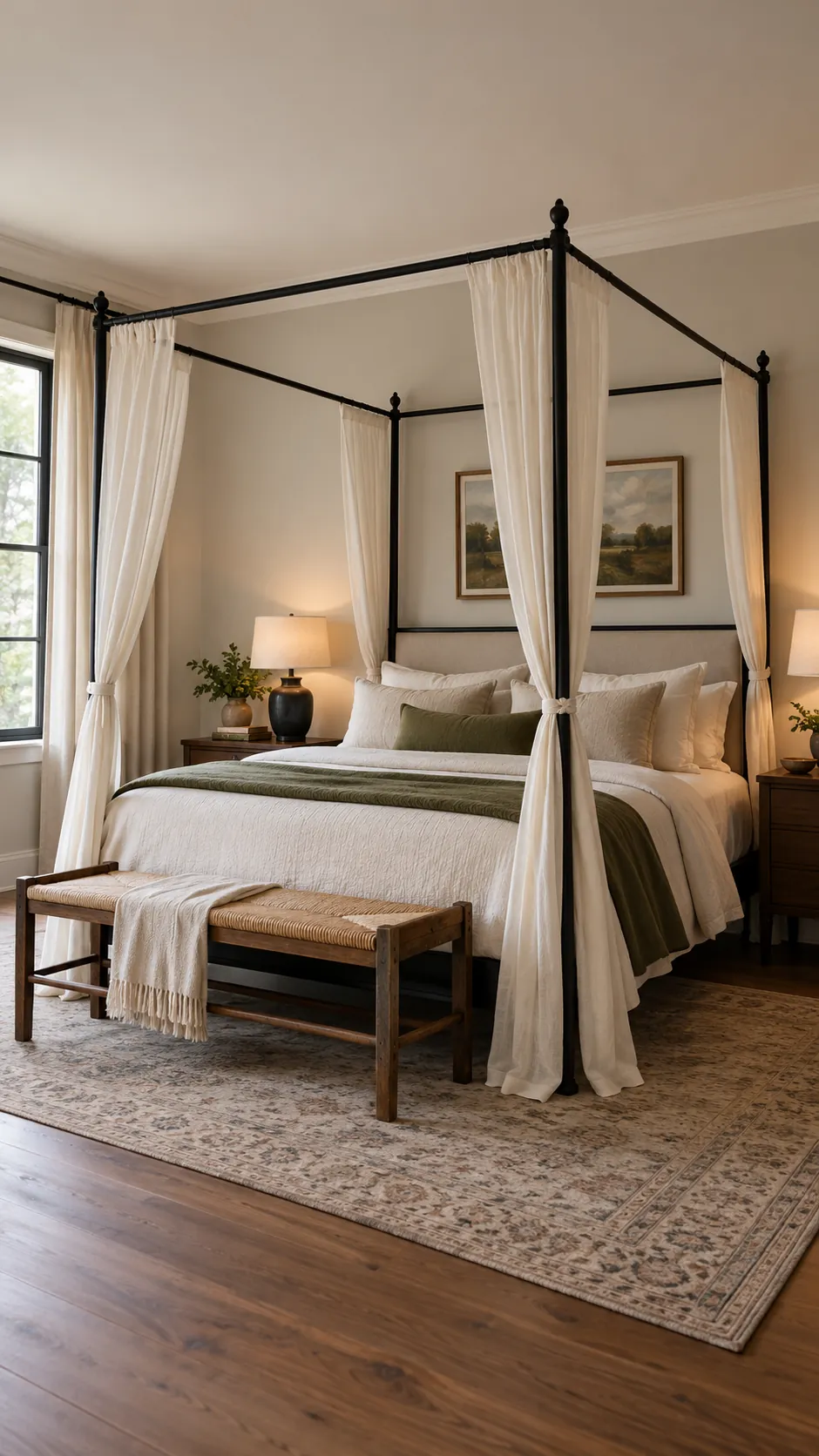 Black canopy bed with sheer ivory fabric panels
