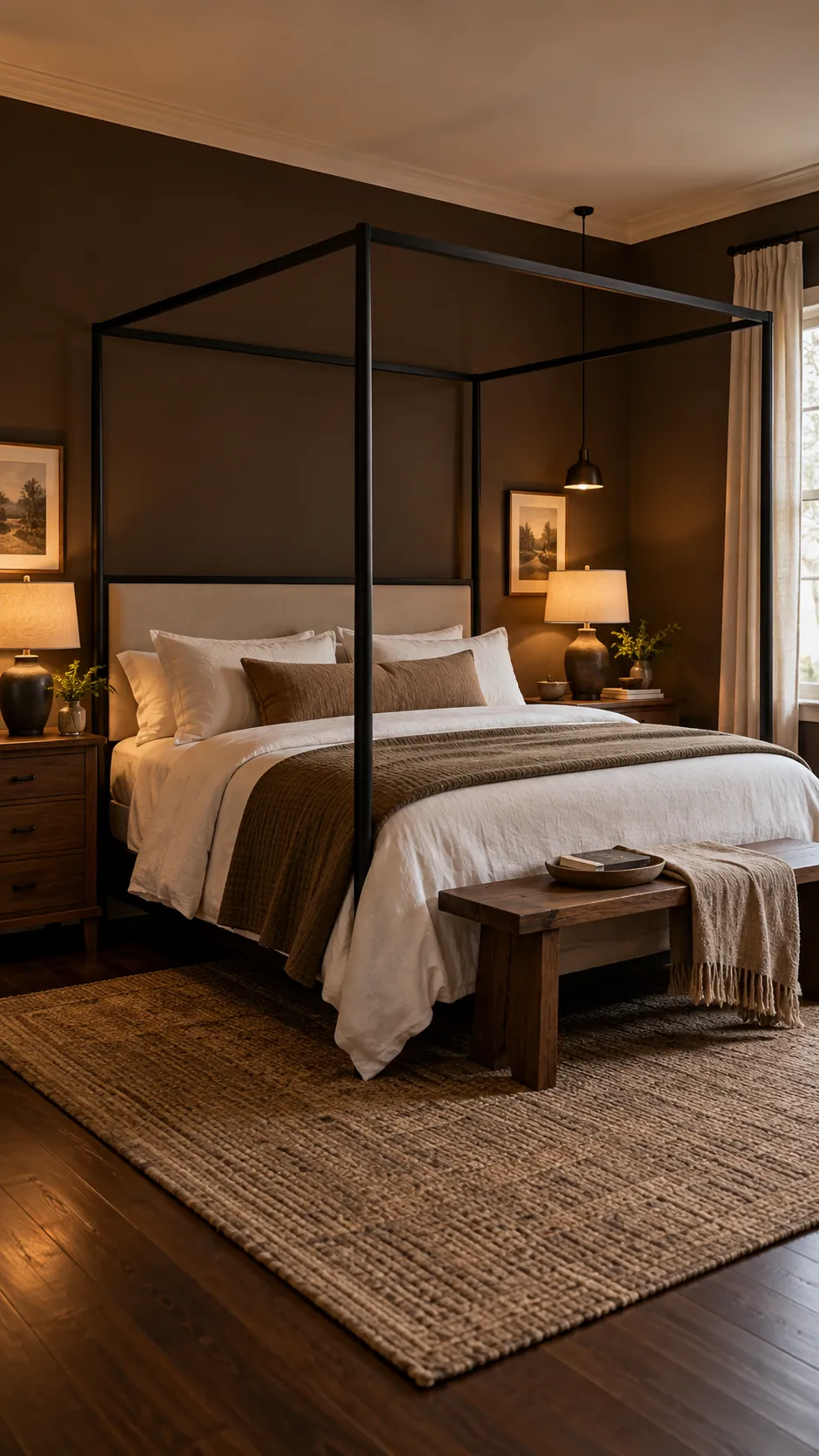 Moody black canopy bedroom illuminated by warm lamps