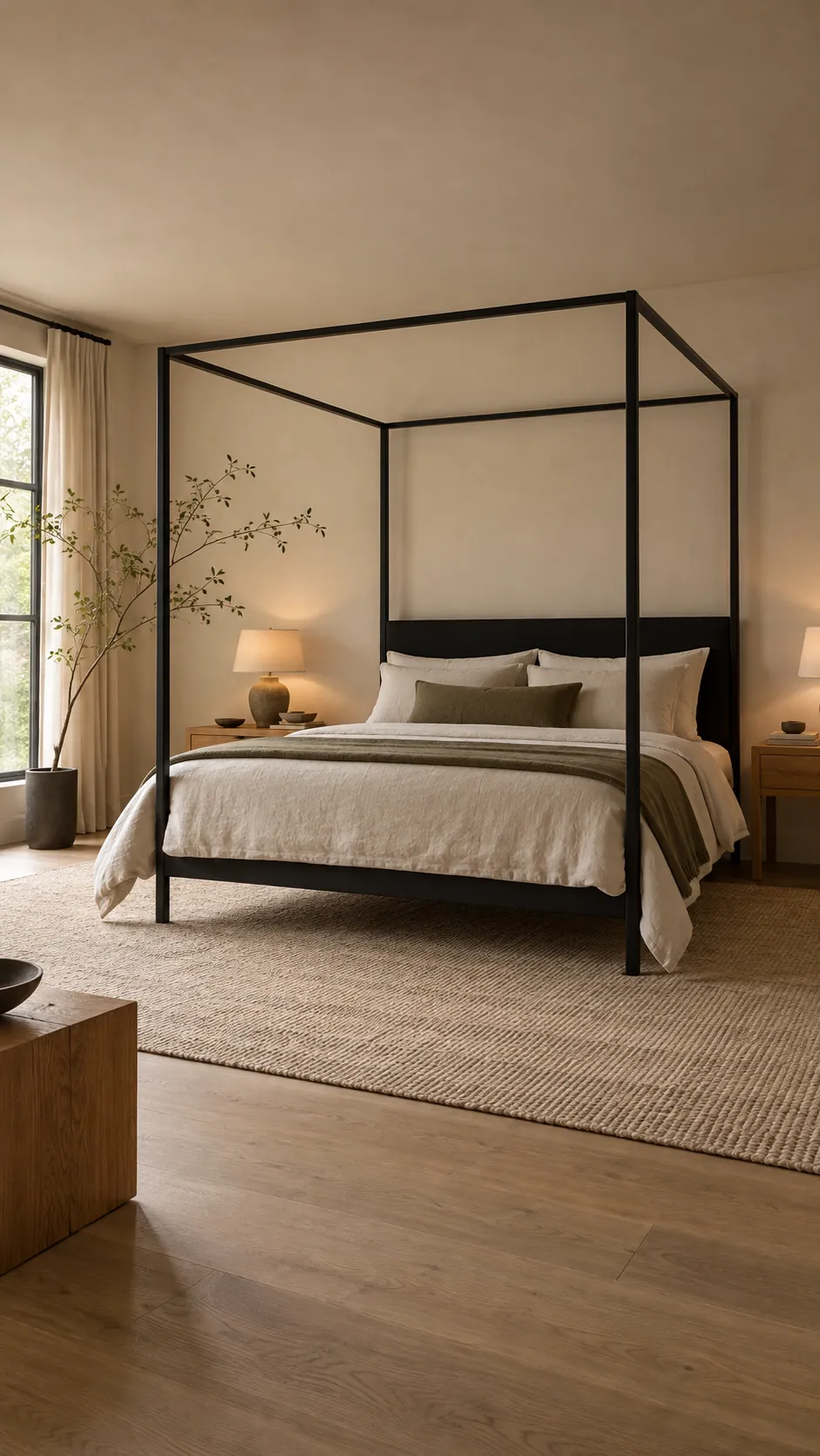 Minimal black canopy bedroom with oak tables and plain linen