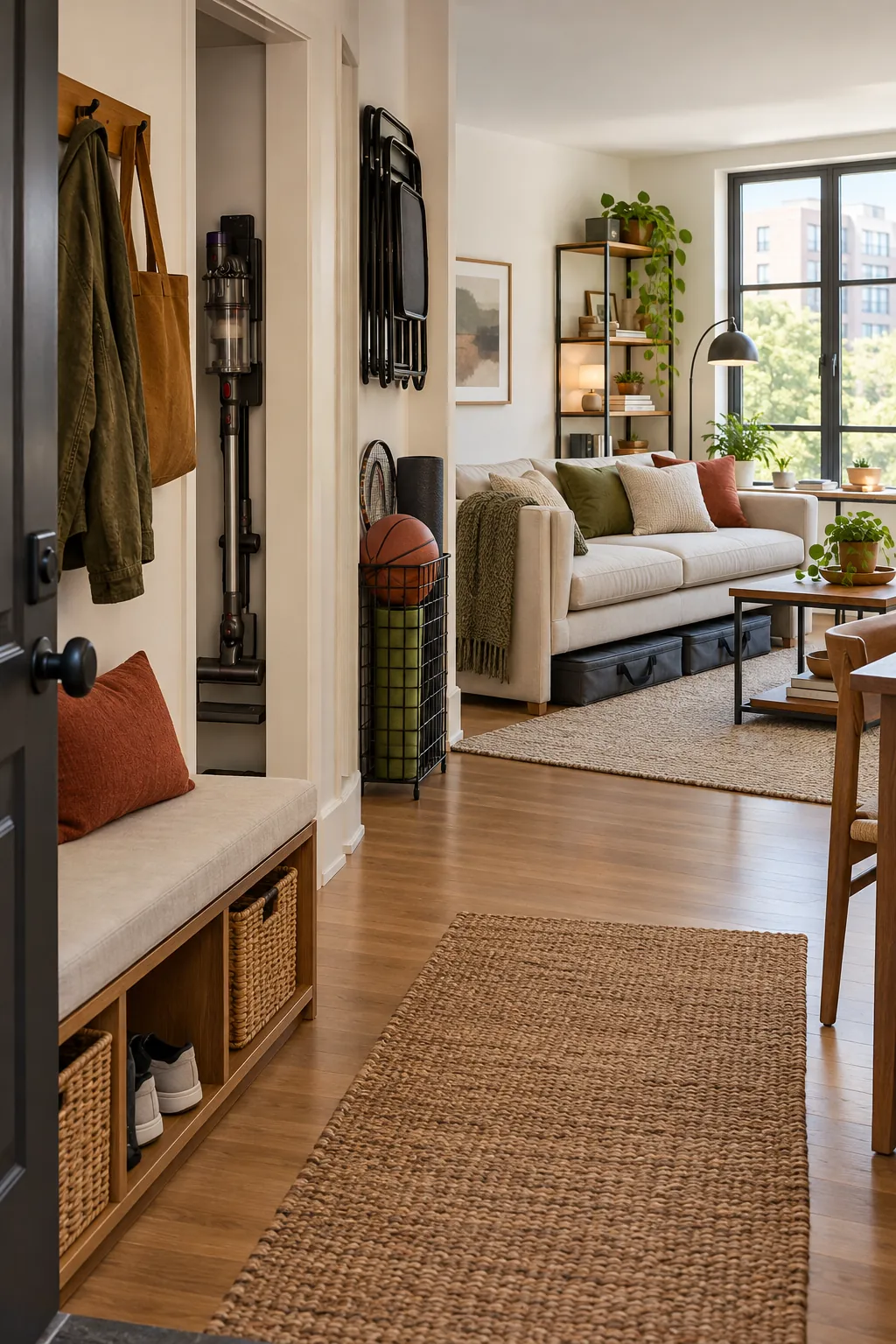 Organized small apartment with safe storage for bulky household items