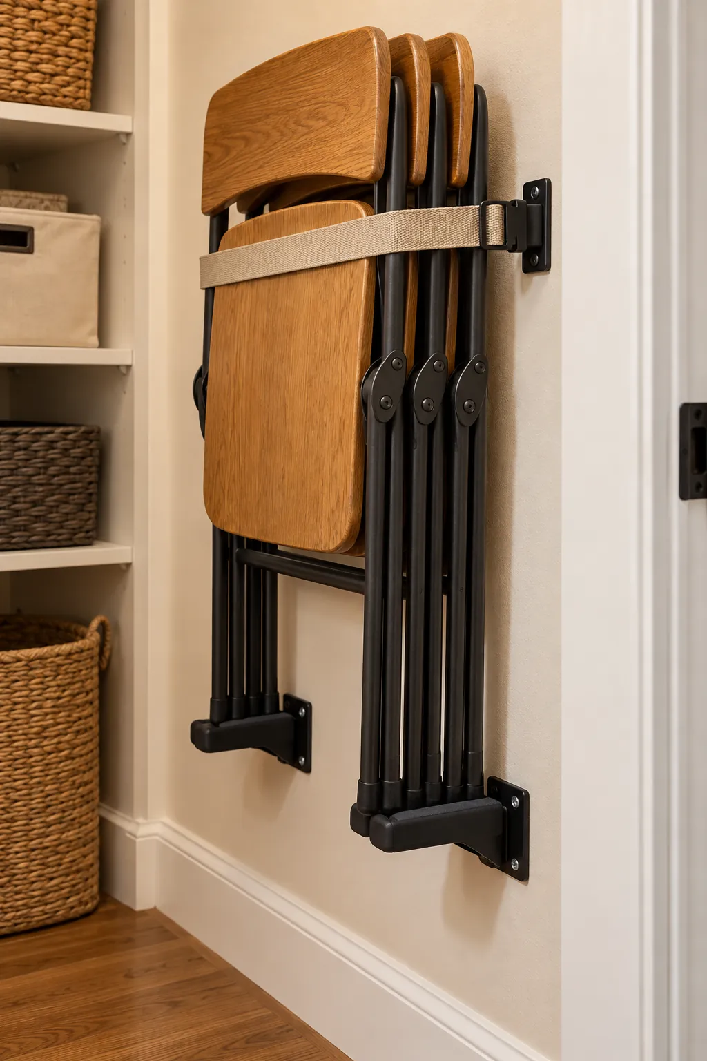 Folding chairs stored flat on secure apartment wall brackets