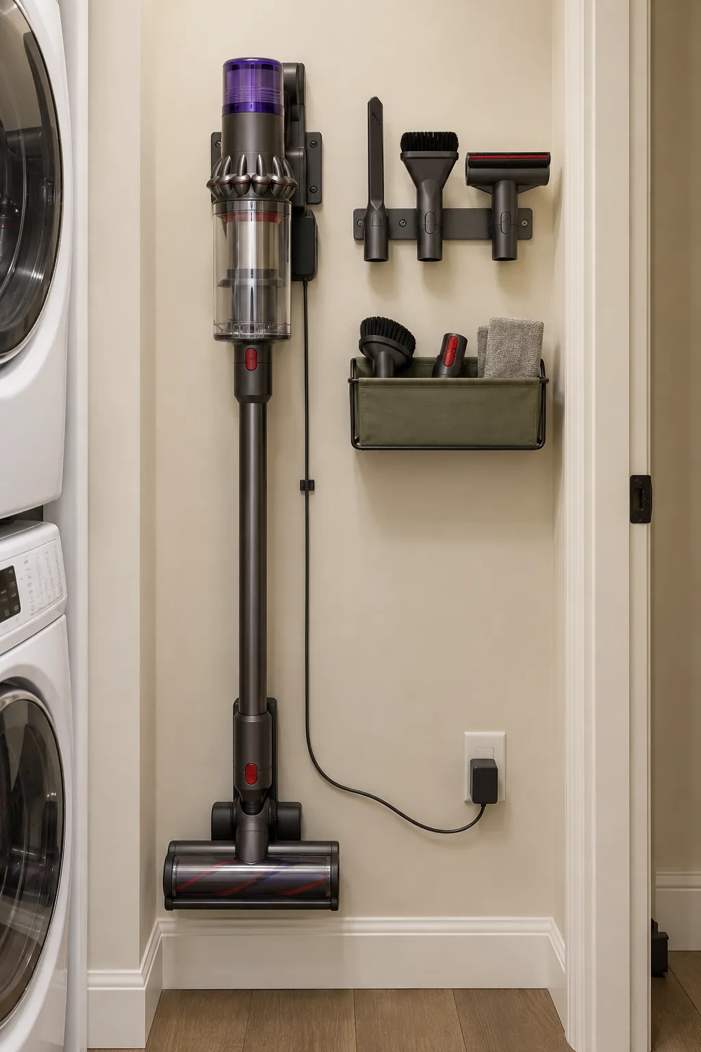 Vacuum and attachments stored on a compact apartment utility wall