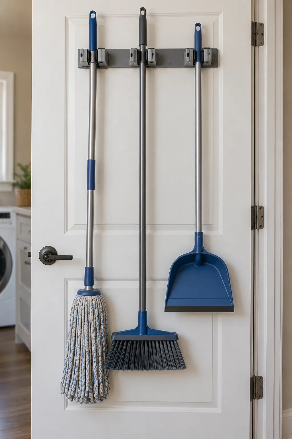 Mops and brooms secured behind an apartment door