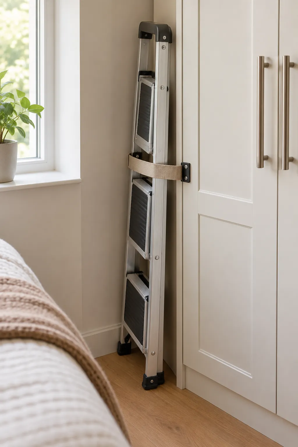 Slim step ladder stored in a narrow slot beside a wardrobe