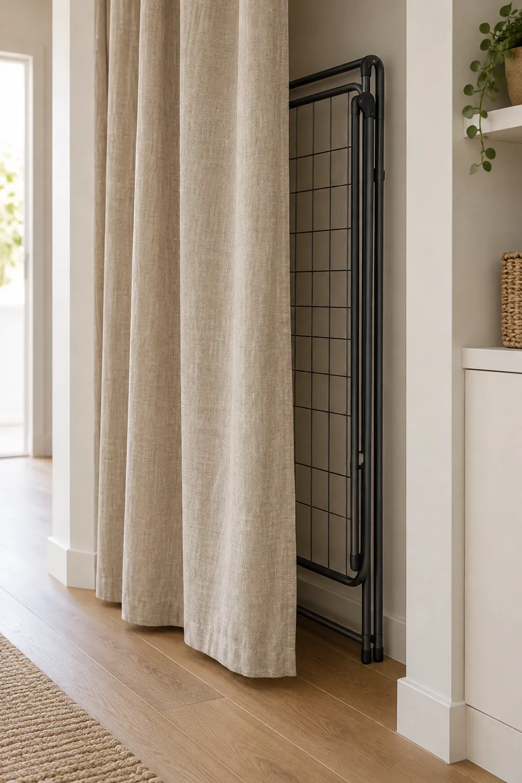 Folded clothes drying rack hidden in a shallow curtained recess