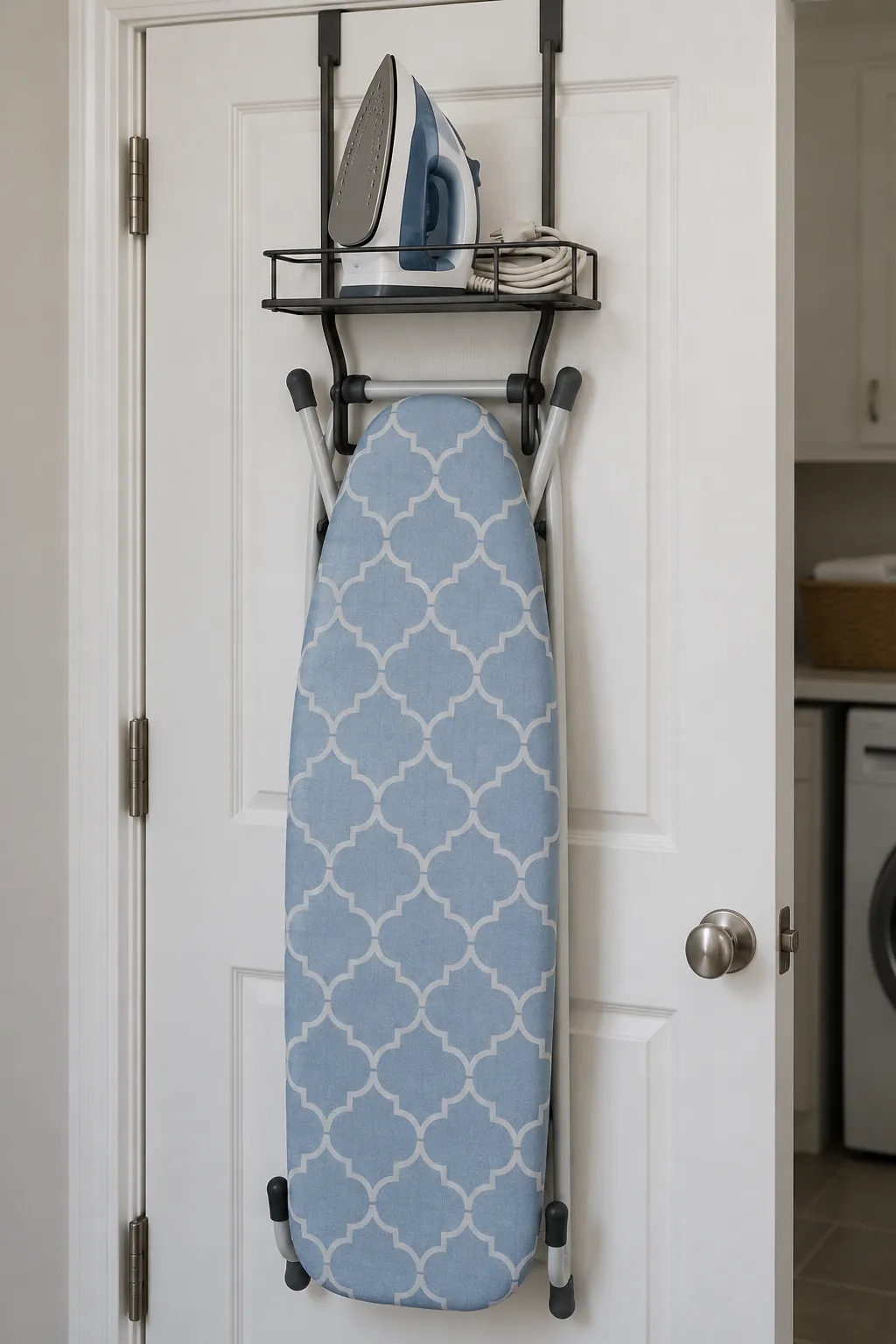 Ironing board and cooled iron stored on an apartment door rack