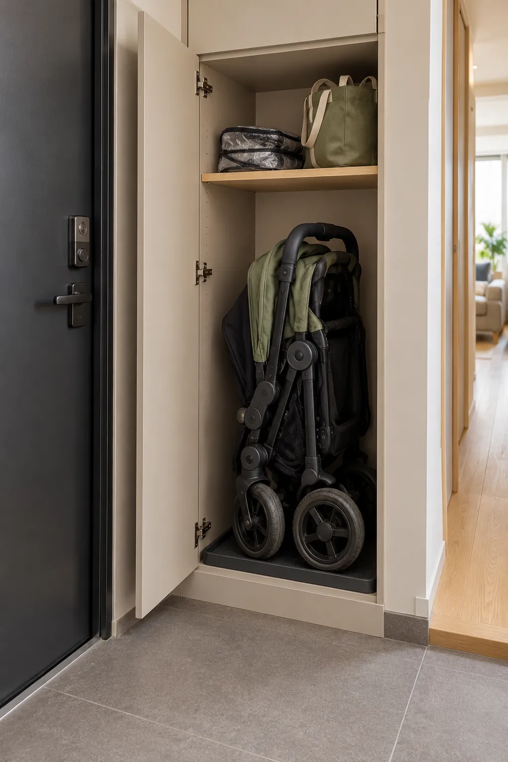 Folded stroller parked in a tall small apartment entry cabinet