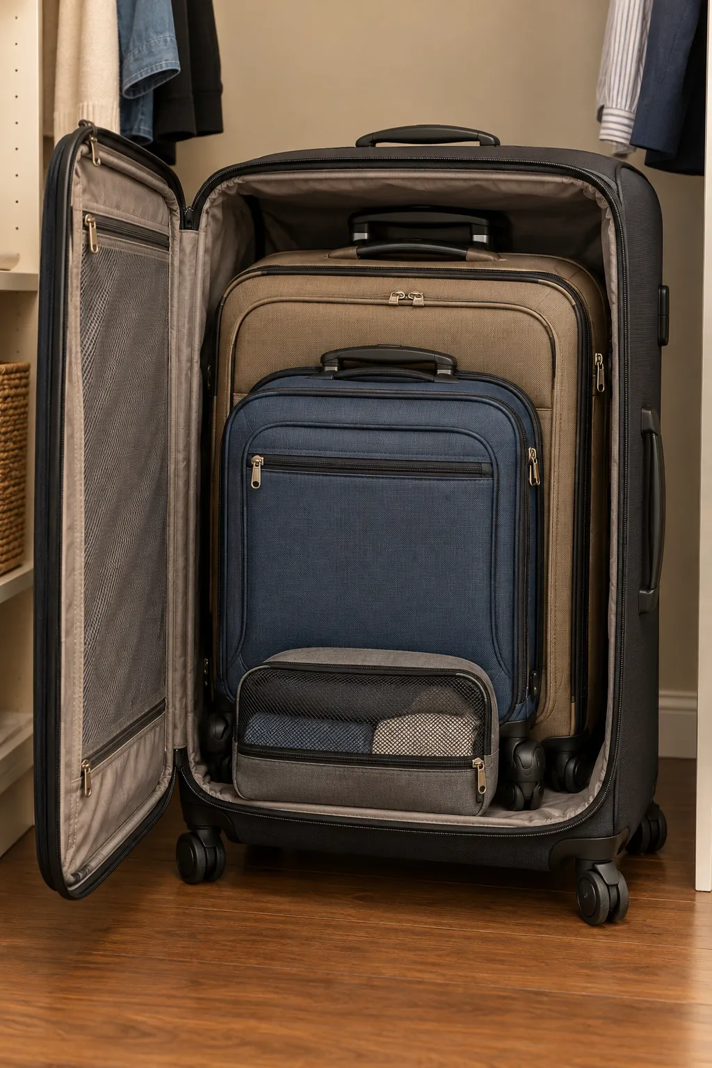 Nested suitcases using one compact apartment storage footprint