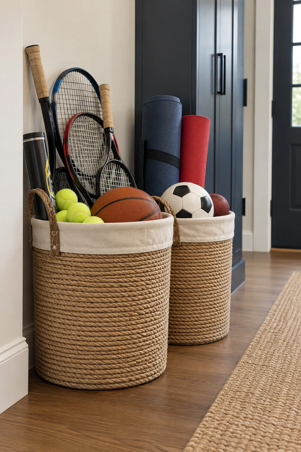 Tall baskets containing awkward sports gear in an apartment