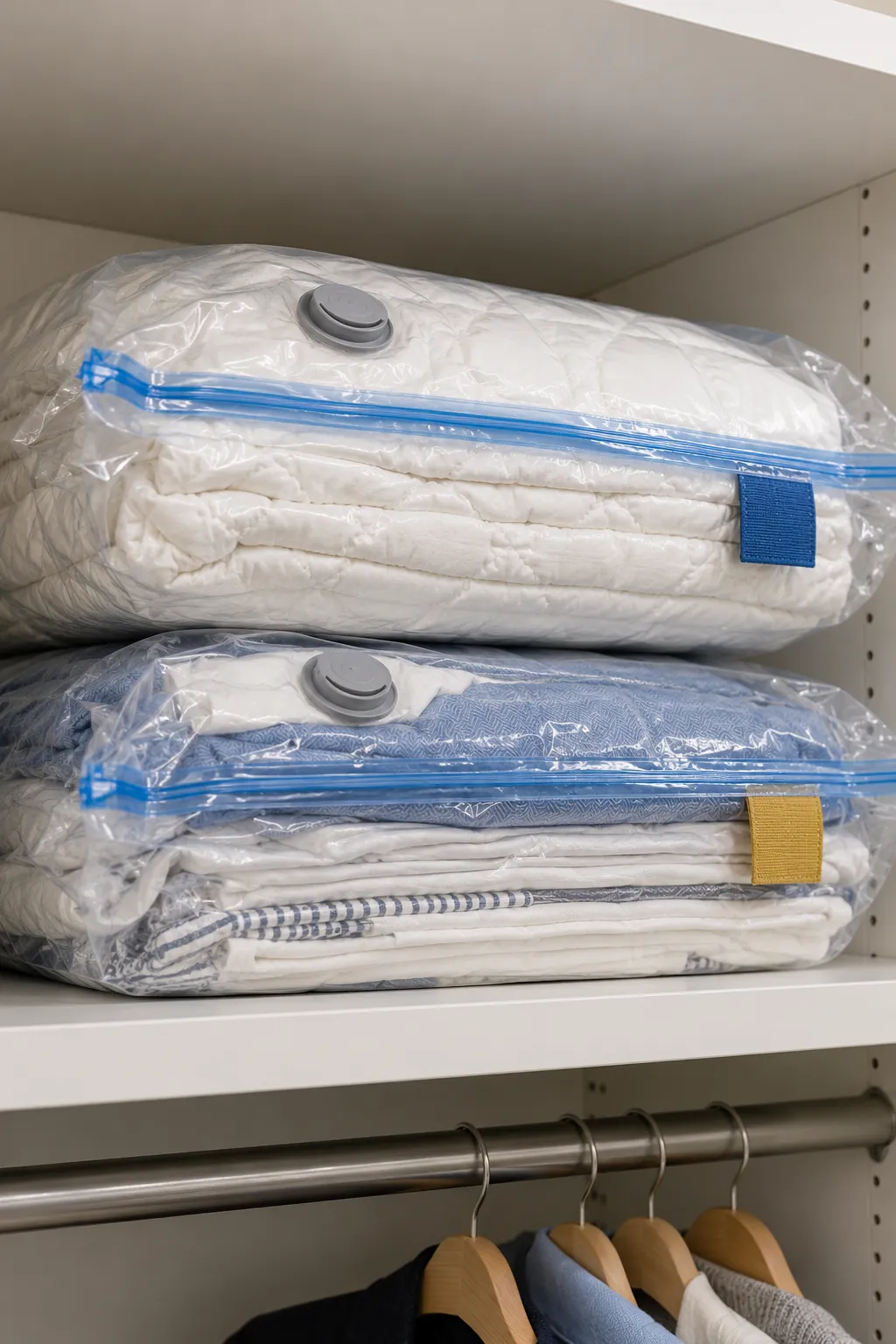 Compressed guest bedding stored flat in clear sealed bags