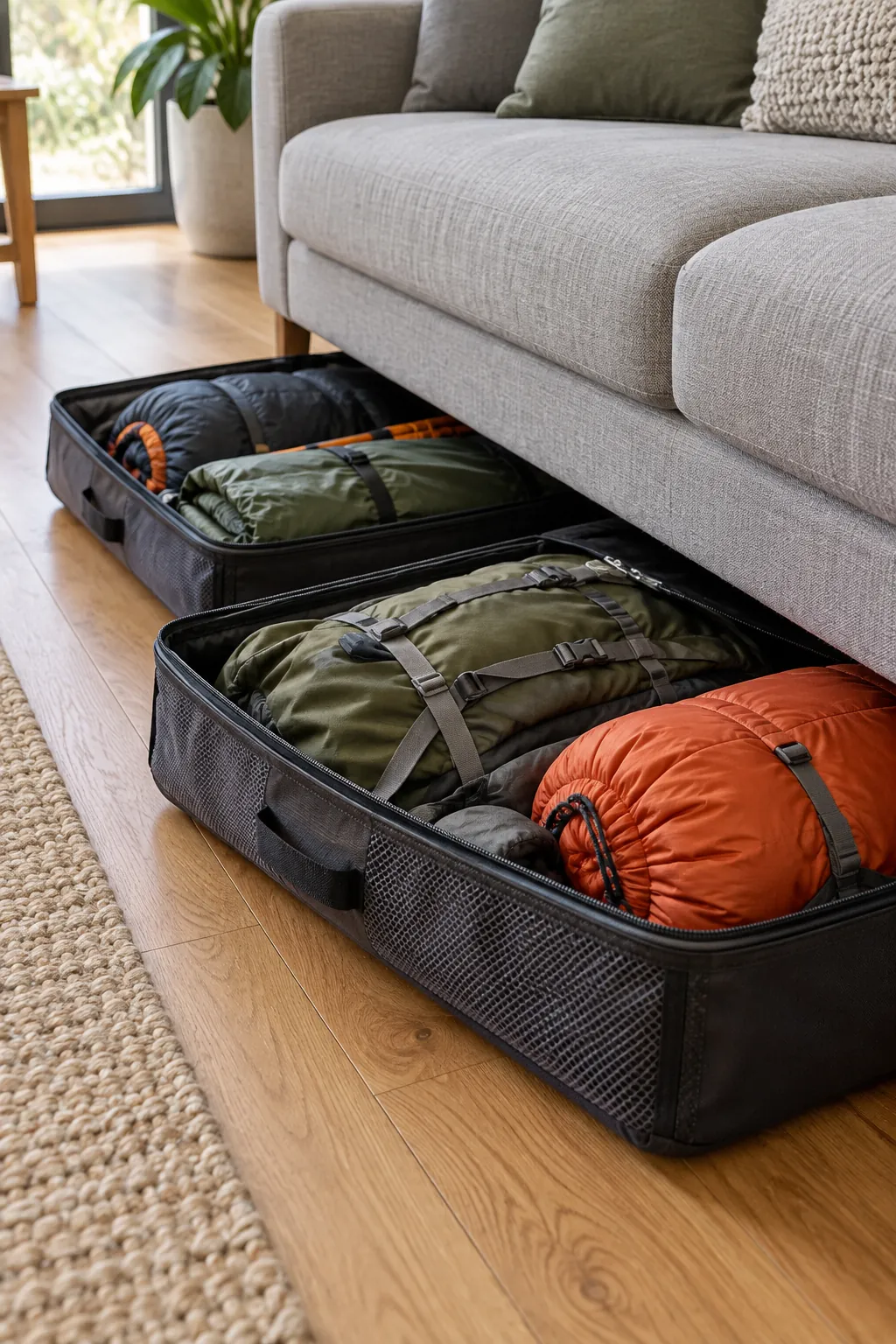 Low cases storing clean camping gear beneath an apartment sofa