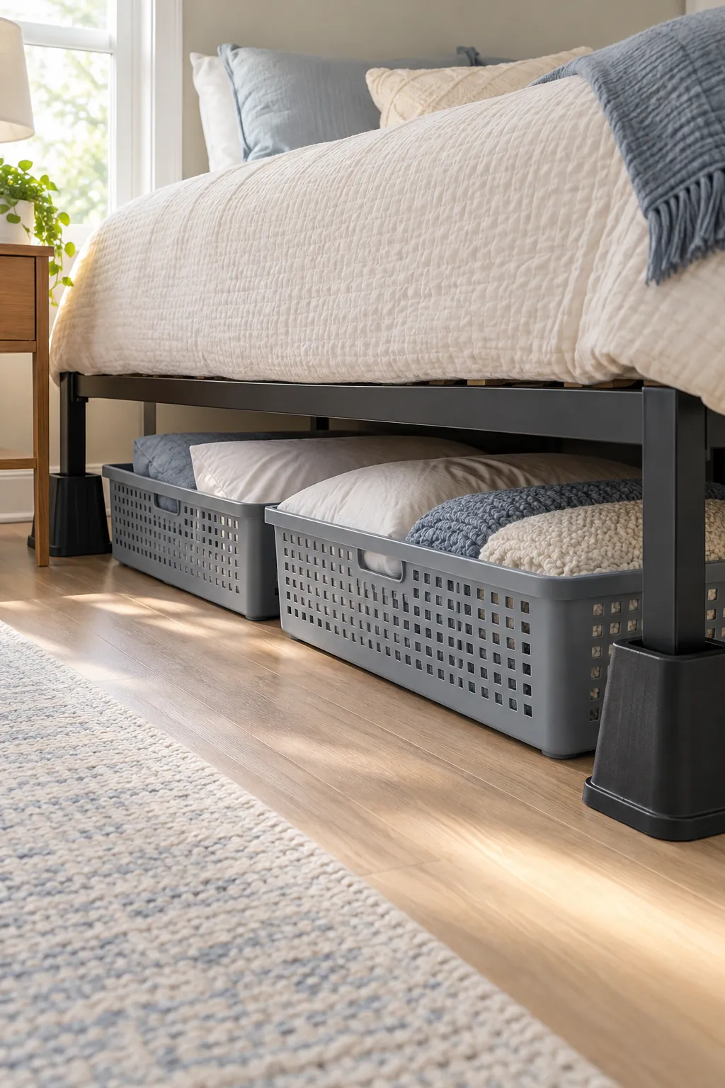Vented bins storing spare pillows beneath a raised apartment bed