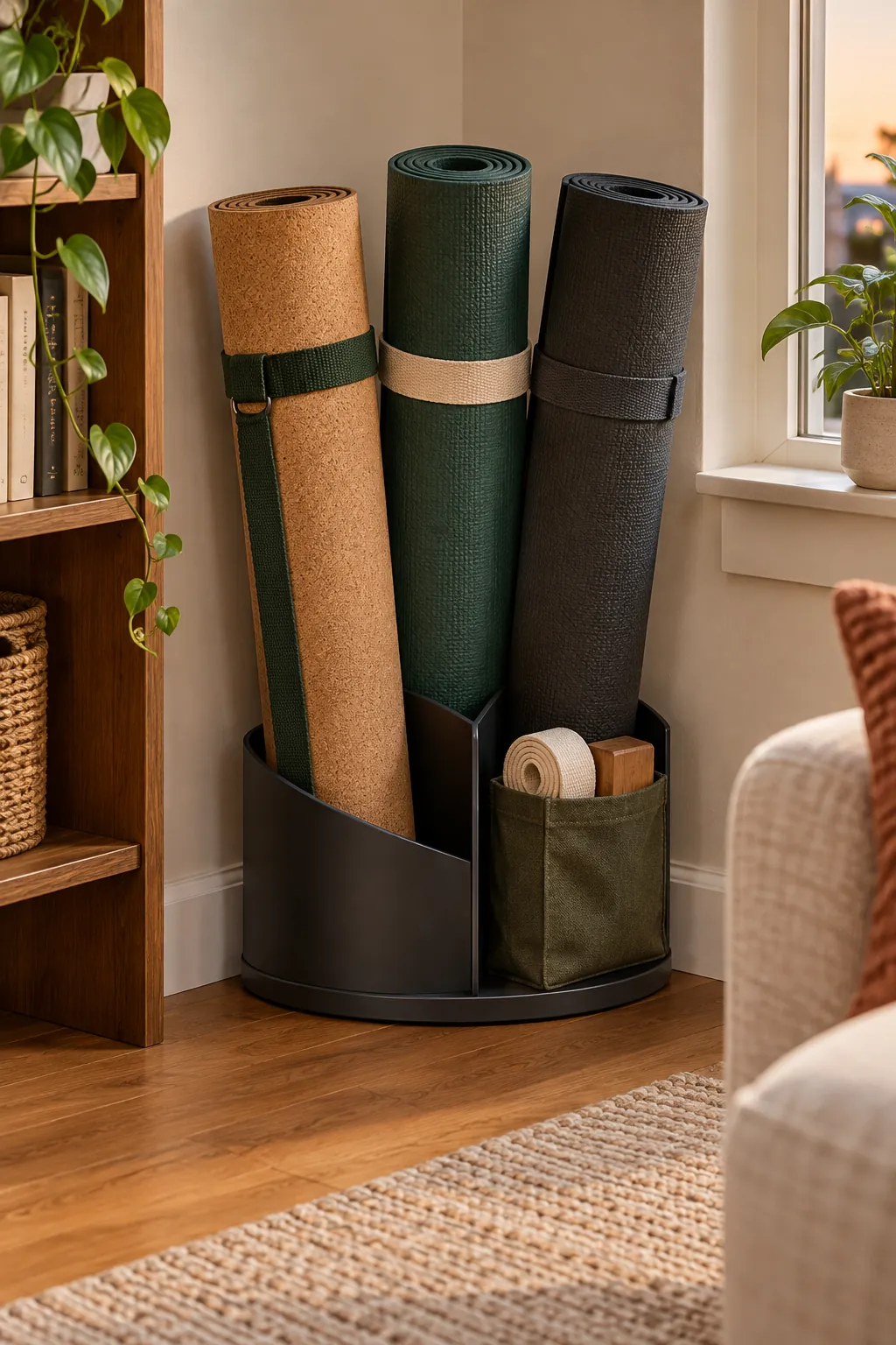 Rolled yoga mats standing in a stable weighted corner holder
