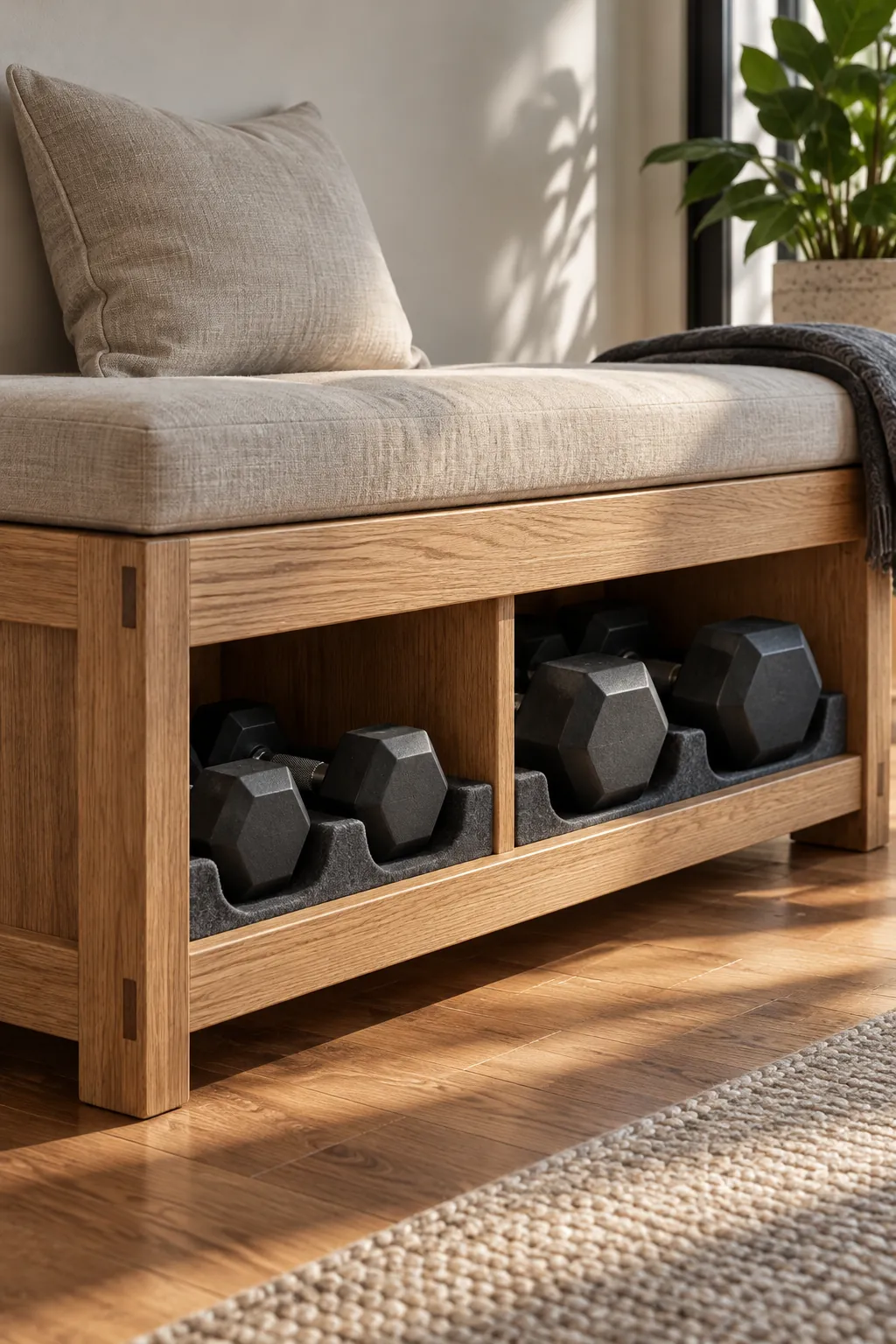 Reinforced low bench with secure bays for hand weights