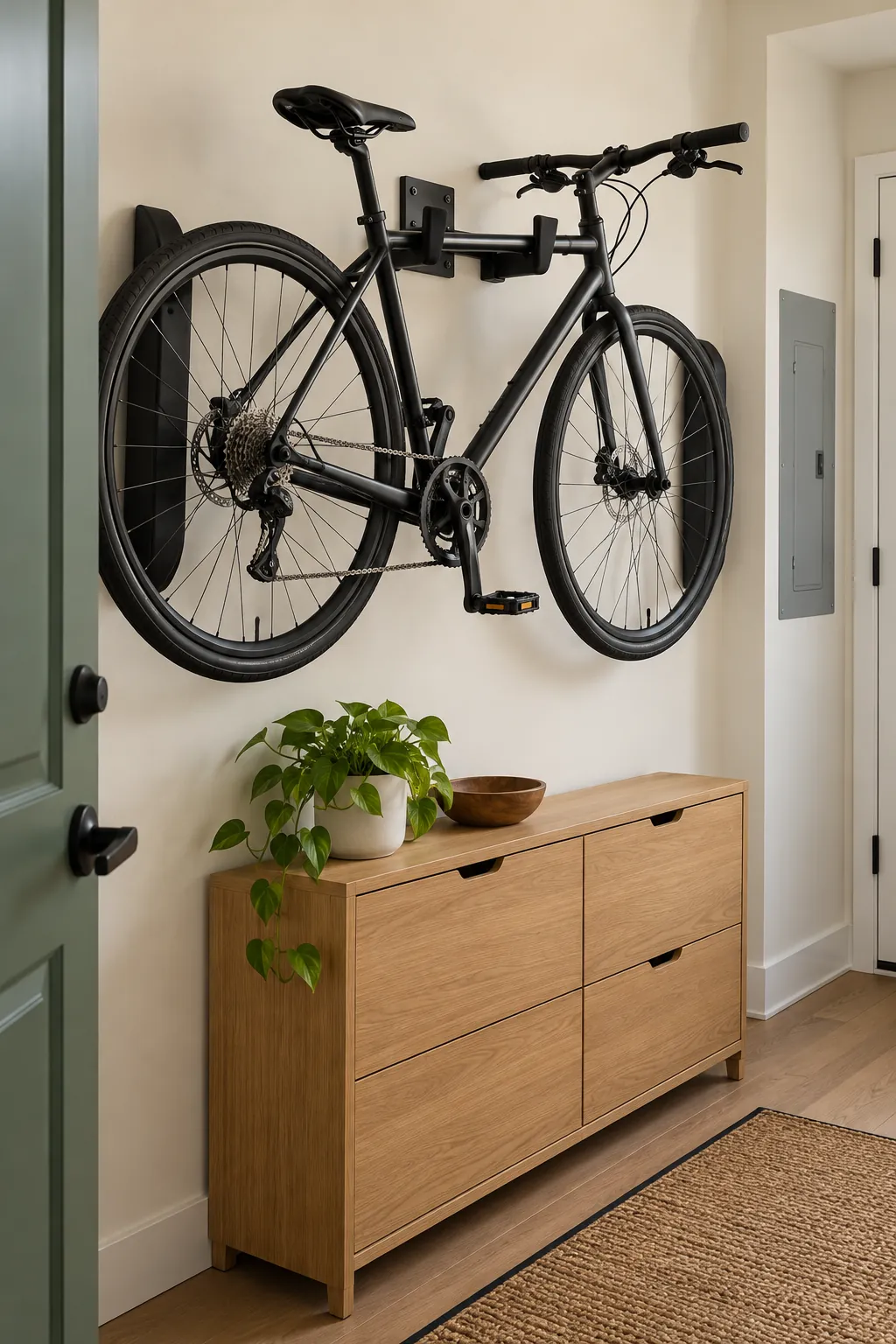Bicycle secured on a rated wall rack in a small apartment