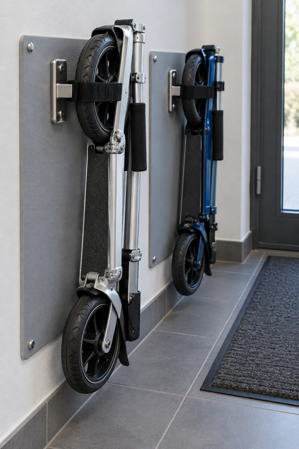Folded scooters secured to low hooks near an apartment entry