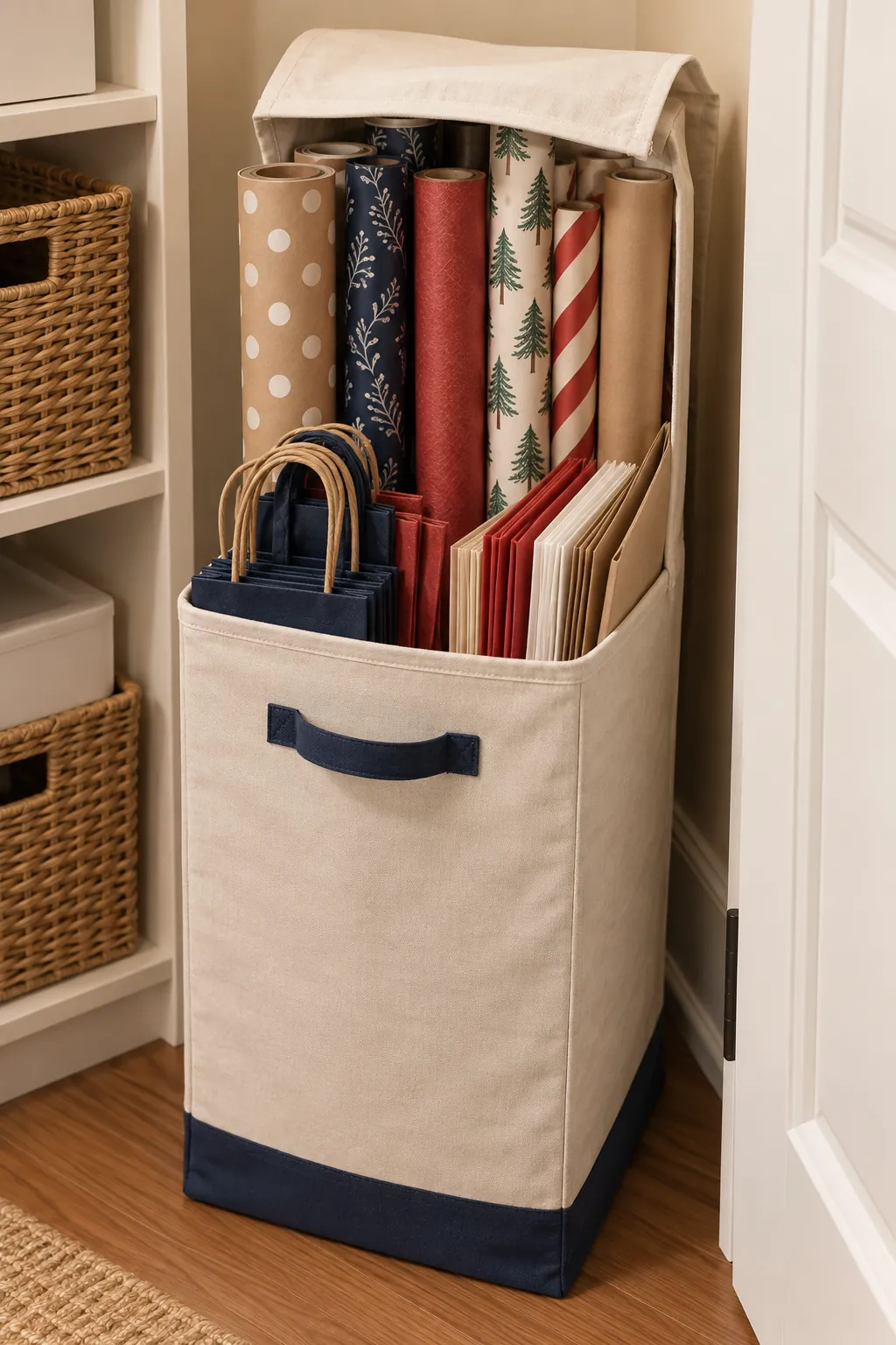Tall slim bin organizing wrapping paper and reusable gift bags