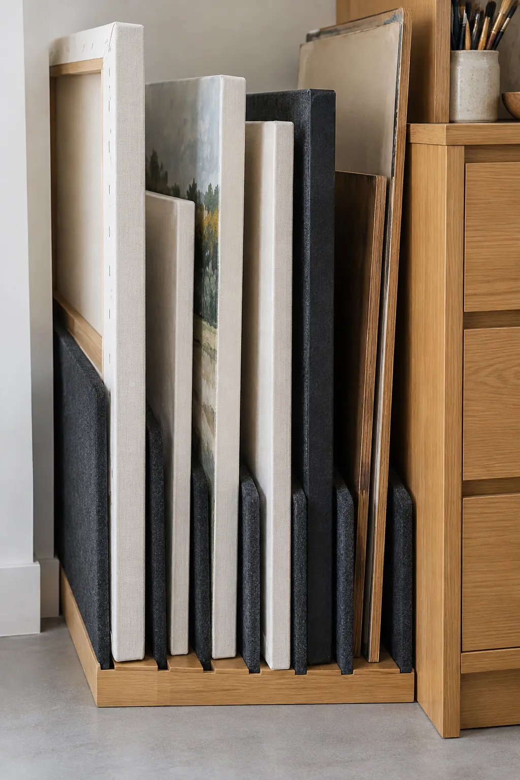 Narrow divided slot storing art canvases and drawing boards upright