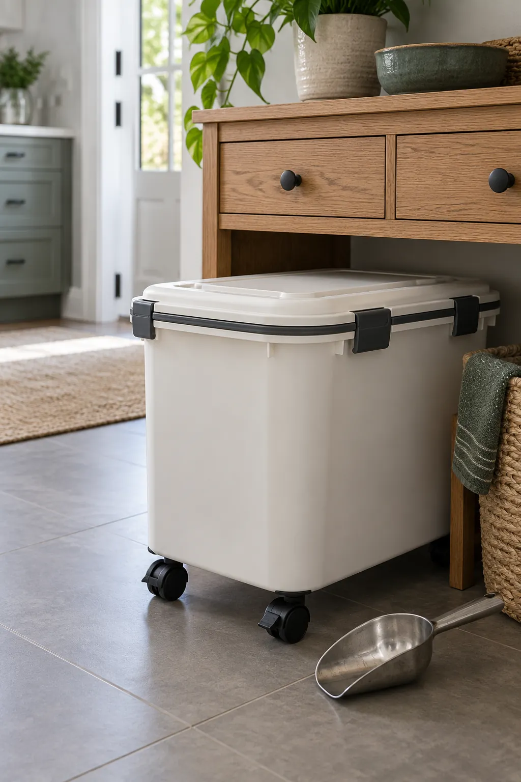 Sealed rolling pet food bin stored beneath a compact console