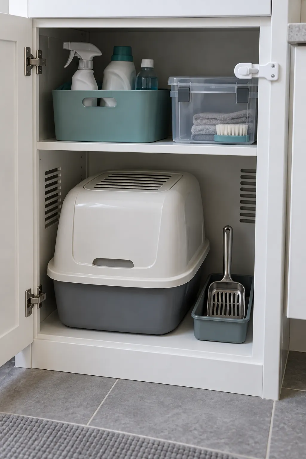Ventilated cabinet organizing pet litter and cleaning supplies