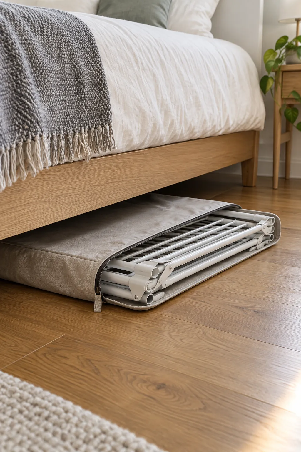 Flat folding laundry rack stored in a sleeve beneath a bed