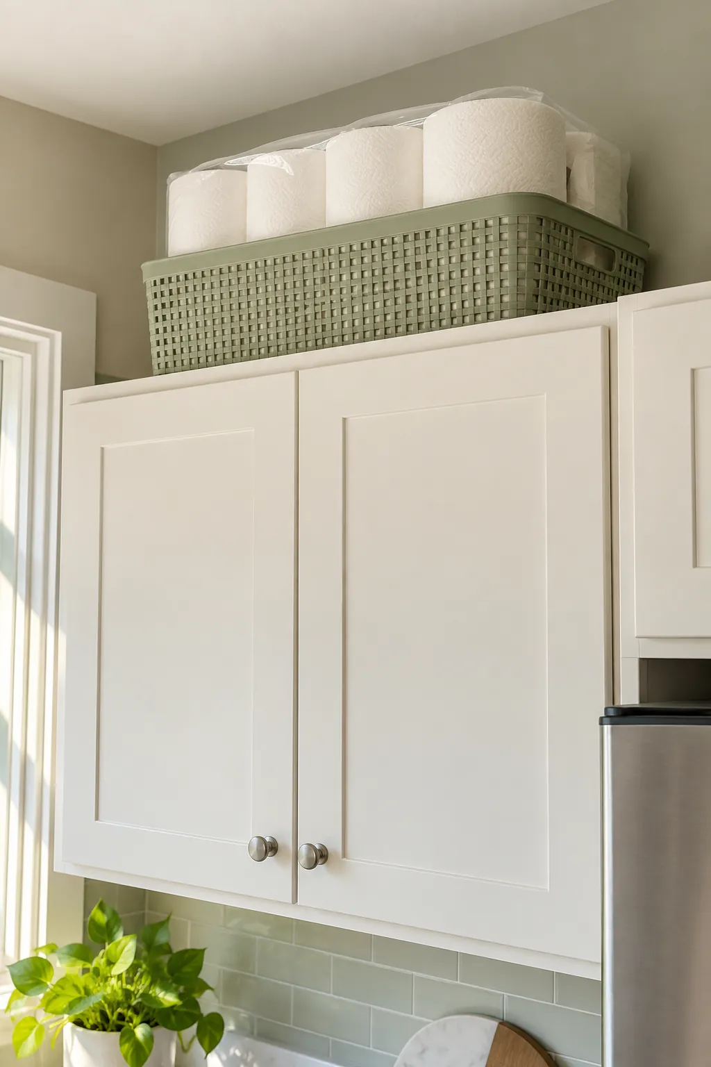 Paper towel reserves stored in a light basket above kitchen cabinets