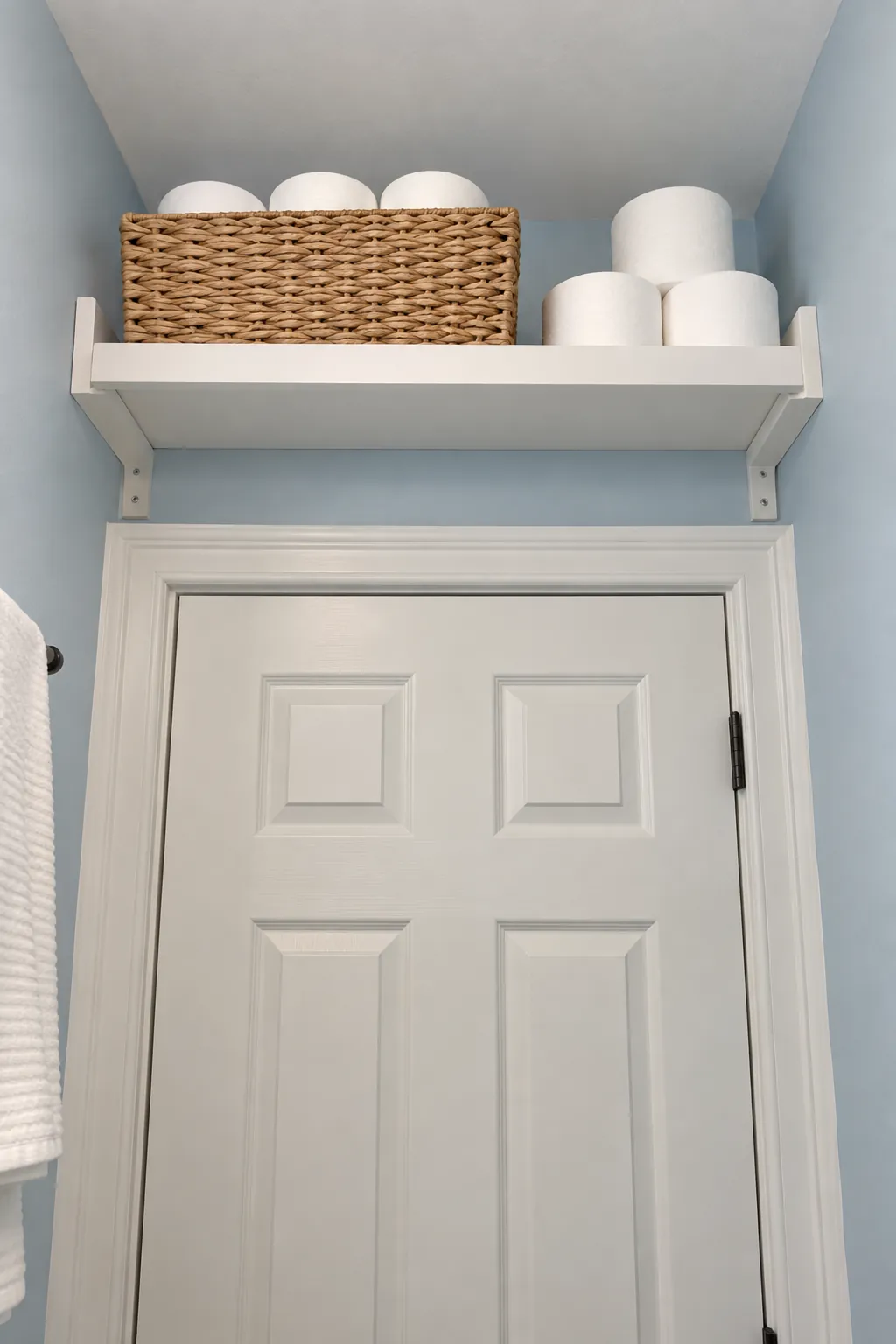 Light paper goods stored on a shelf above a bathroom door