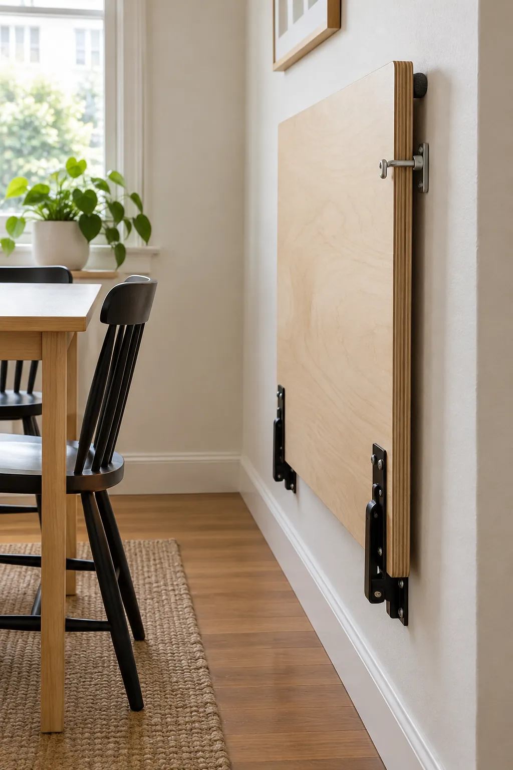 Utility table folded flat against a small apartment wall