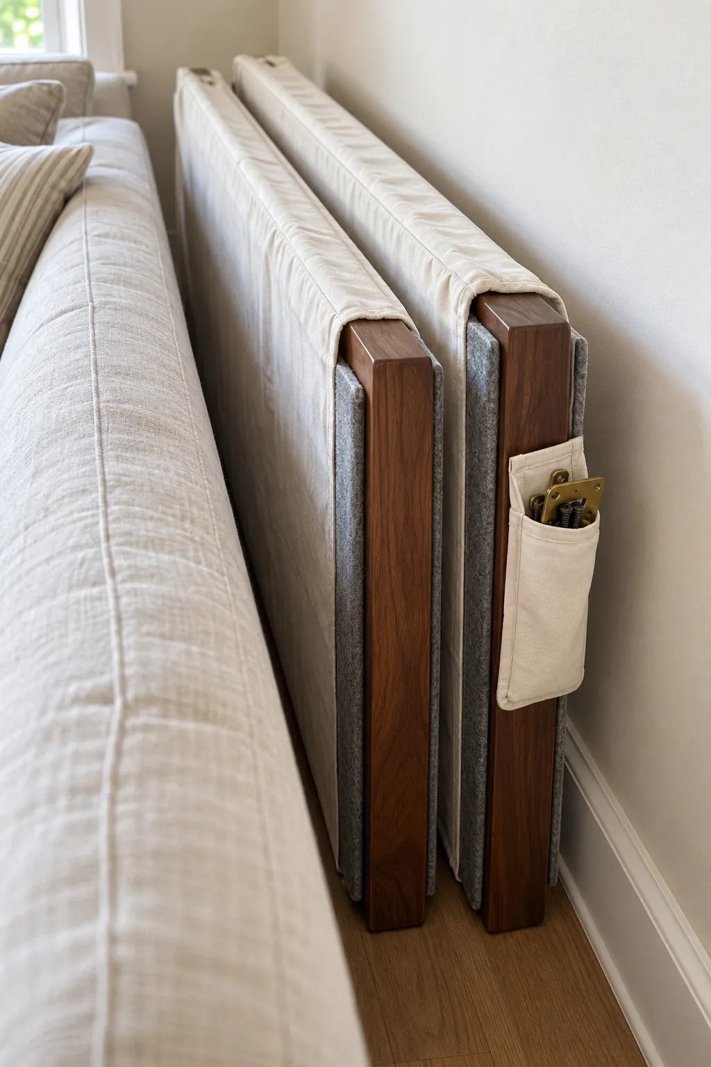 Wrapped dining table leaves stored safely behind a sofa