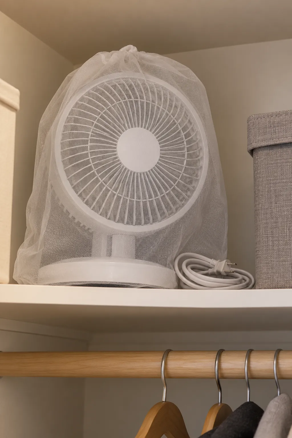 Clean seasonal fan stored in a protective bag on a high shelf