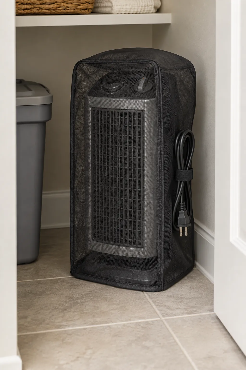 Unplugged portable heater stored low in a ventilated cover