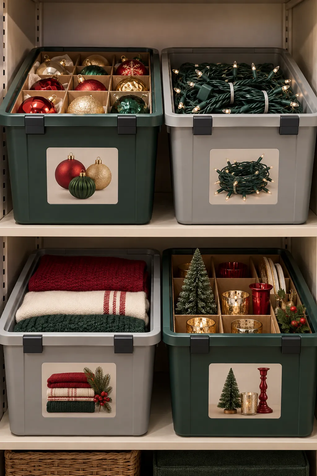 Compact set of organized holiday decor bins on apartment shelves