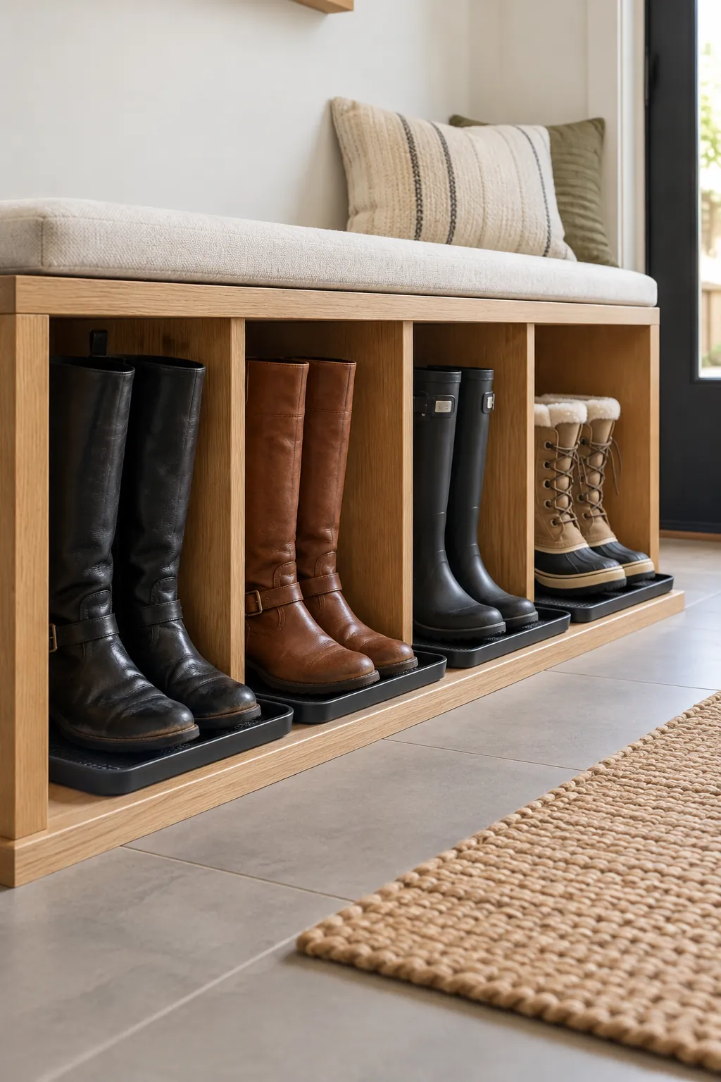 Tall boots stored upright in deep bays beneath an entry bench