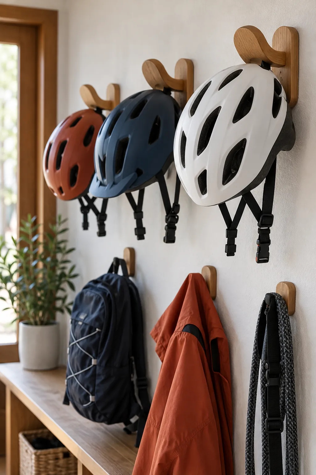 Sports helmets hanging safely from rounded apartment wall hooks