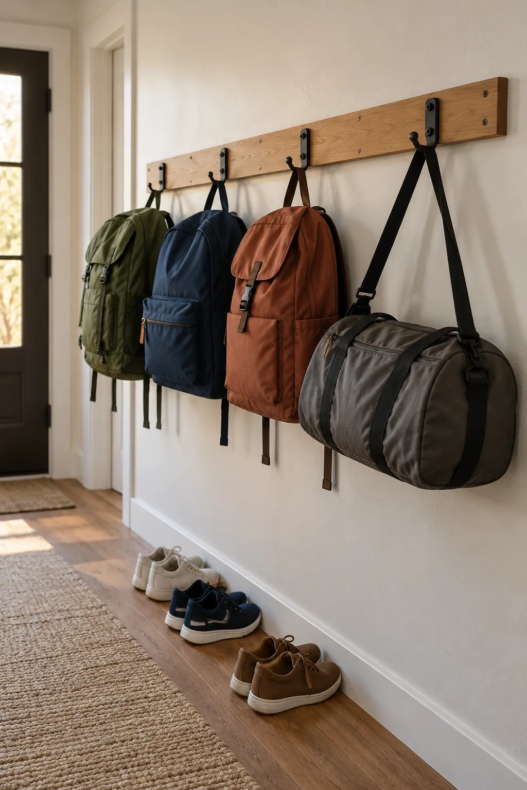 Backpacks and gear bags organized on a sturdy wall rail