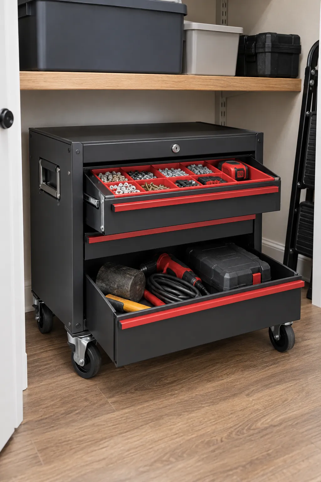 Compact rolling tool box stored beneath an apartment utility shelf