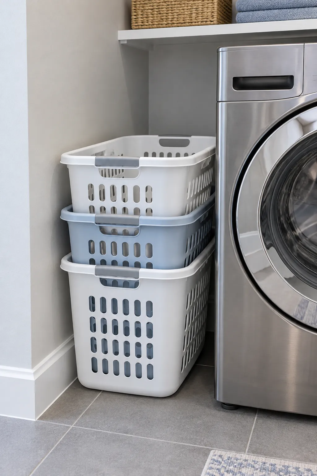 Empty laundry baskets nested into one compact storage stack