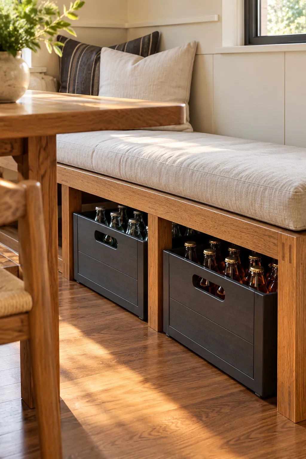 Strong beverage crates integrated into a compact apartment bench base