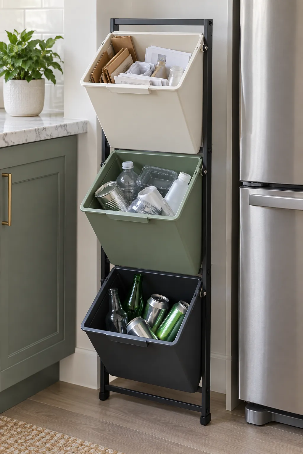 Vertical recycling sorter using one small apartment floor footprint
