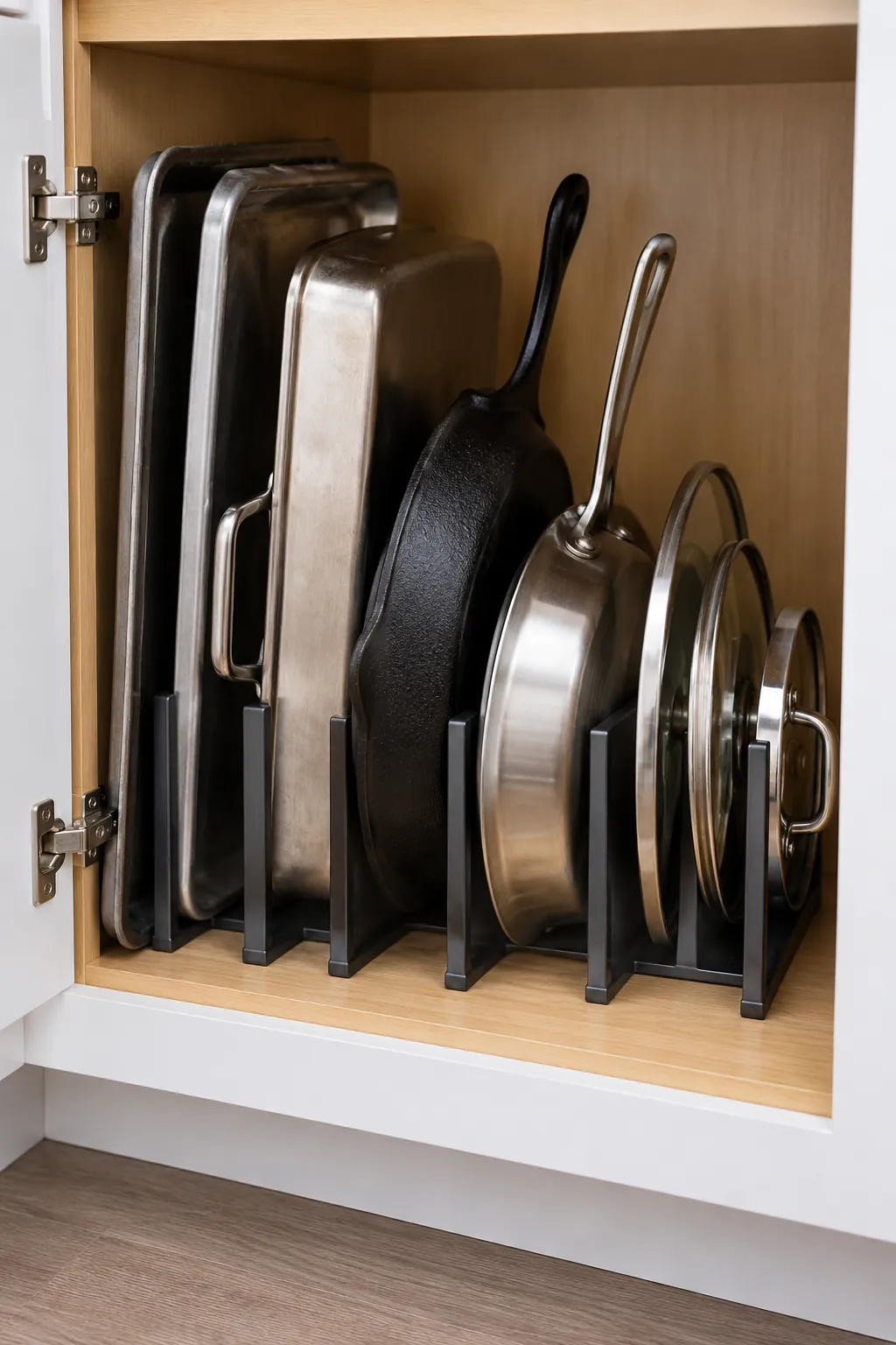 Large pans and lids stored upright between strong cabinet dividers