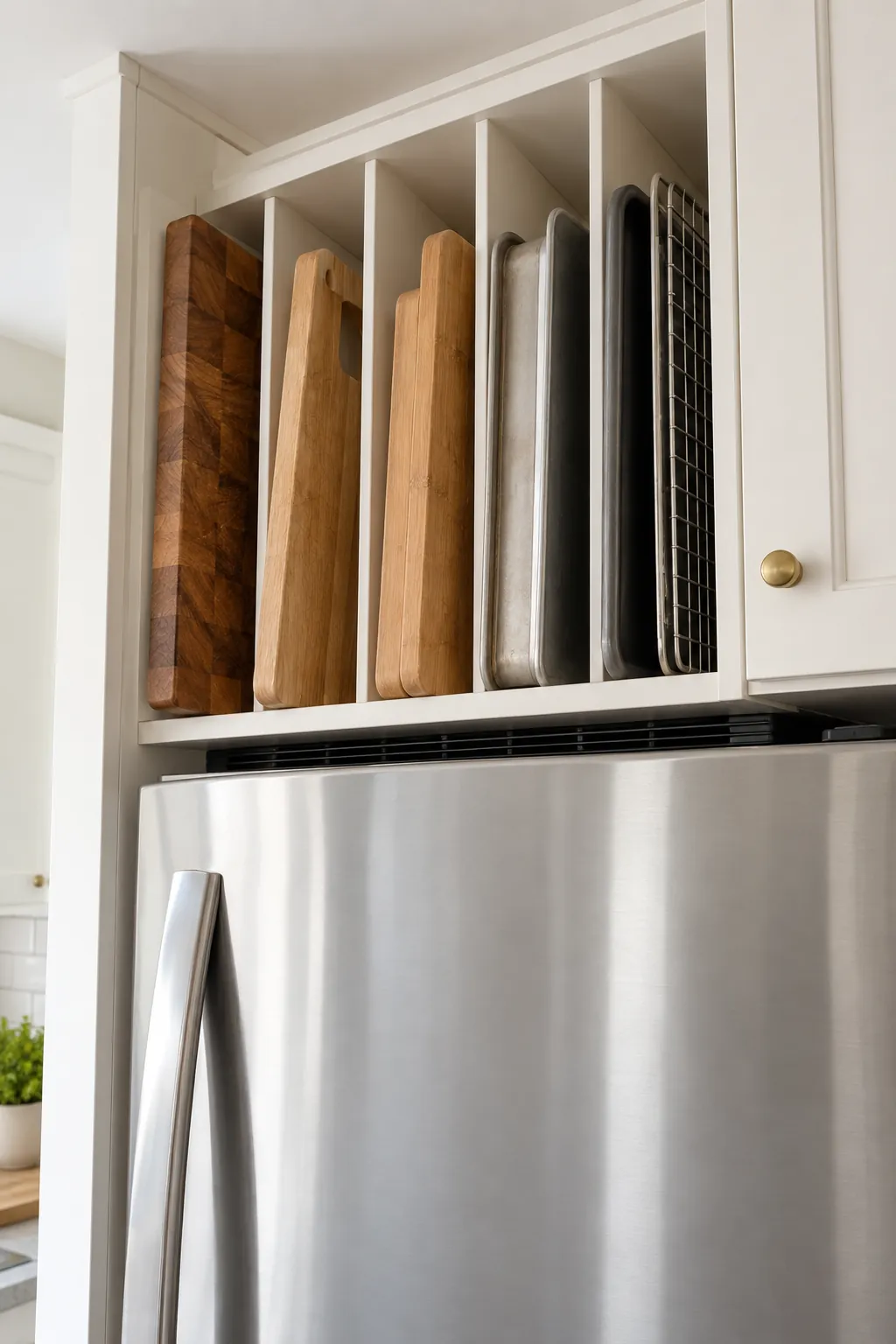Large cutting boards stored upright above an apartment refrigerator