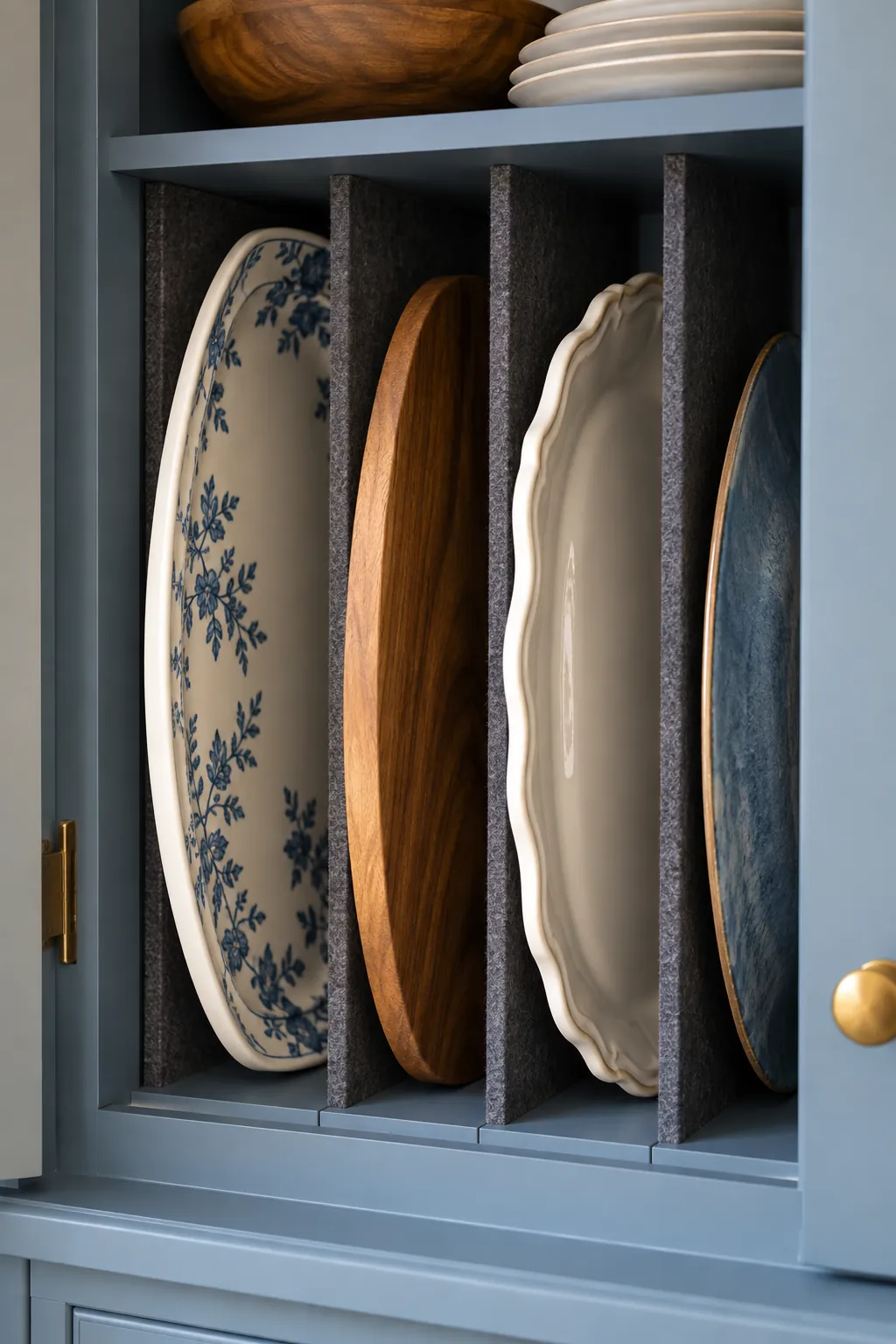 Large serving platters stored upright in padded cabinet slots